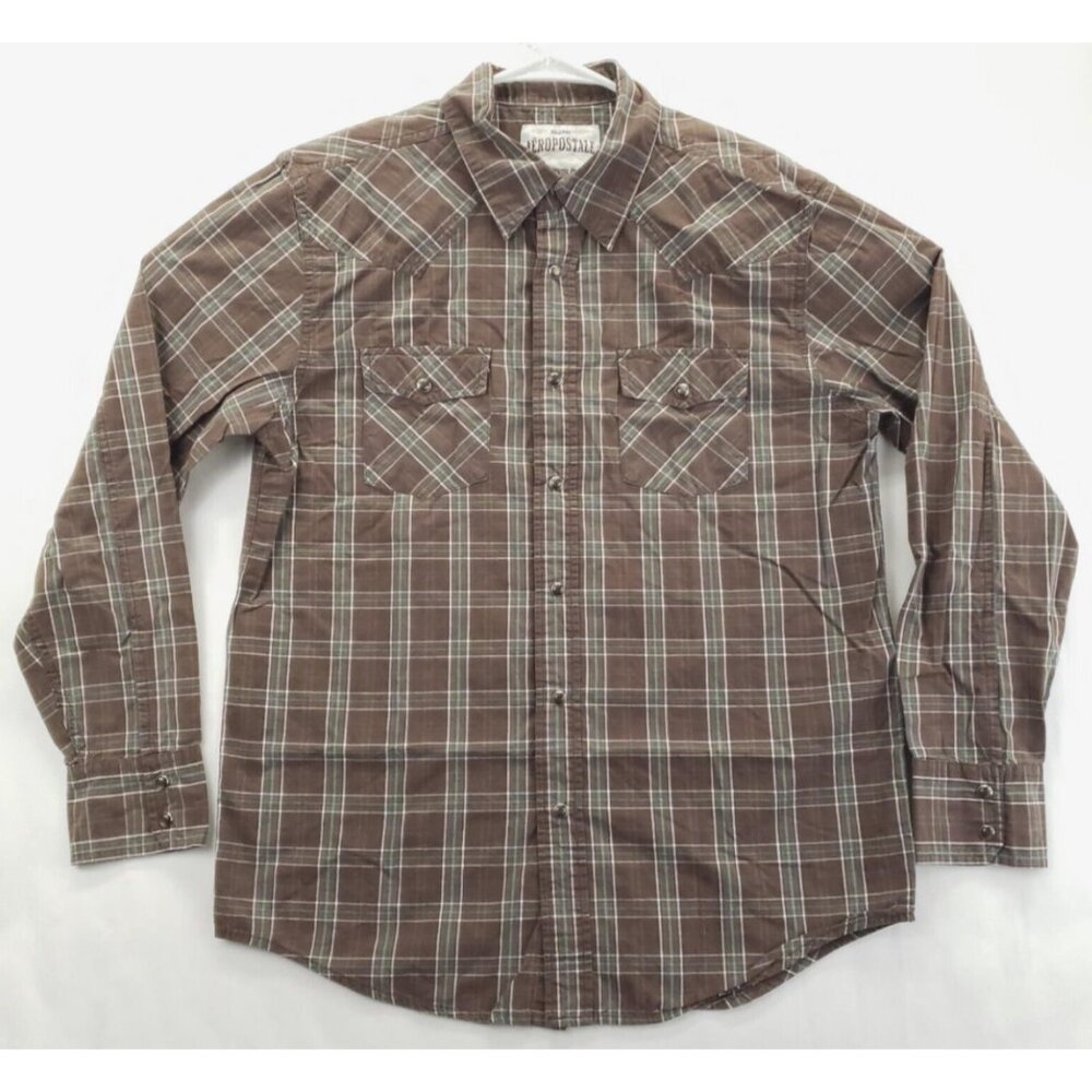 Aeropostale Shirt Men Medium Brown Western Pearl Snap Plaid Cotton Authentic Fit